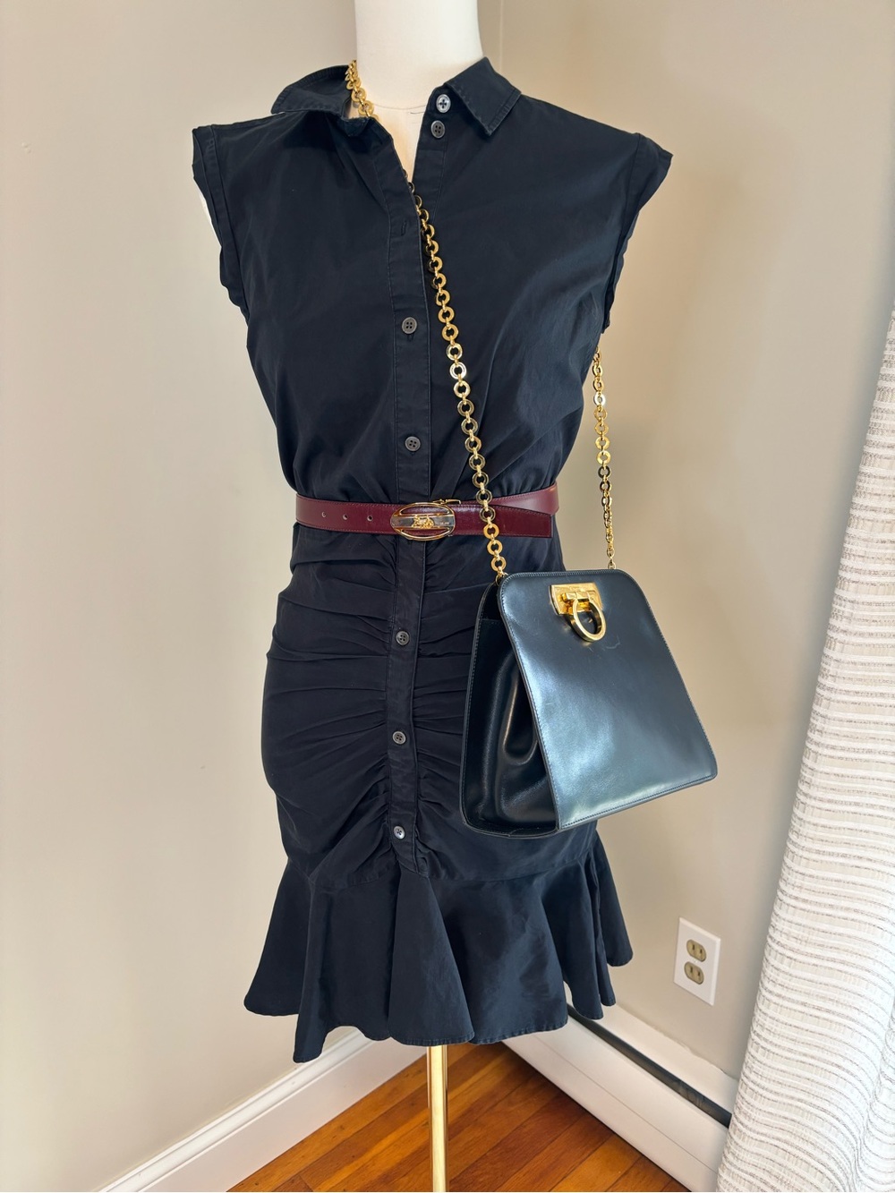 Veronica Beard Black Ruched Shirt Dress Size 4 Sleeveless Button Front Midi RTR